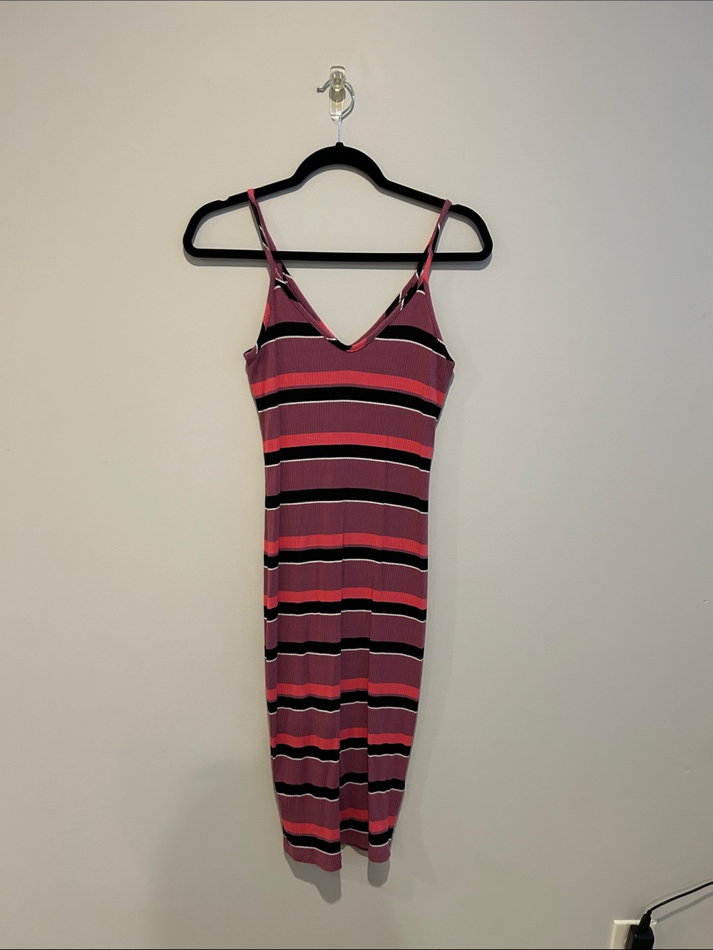 Express Pink, Black & Coral Striped Midi Slip Dress